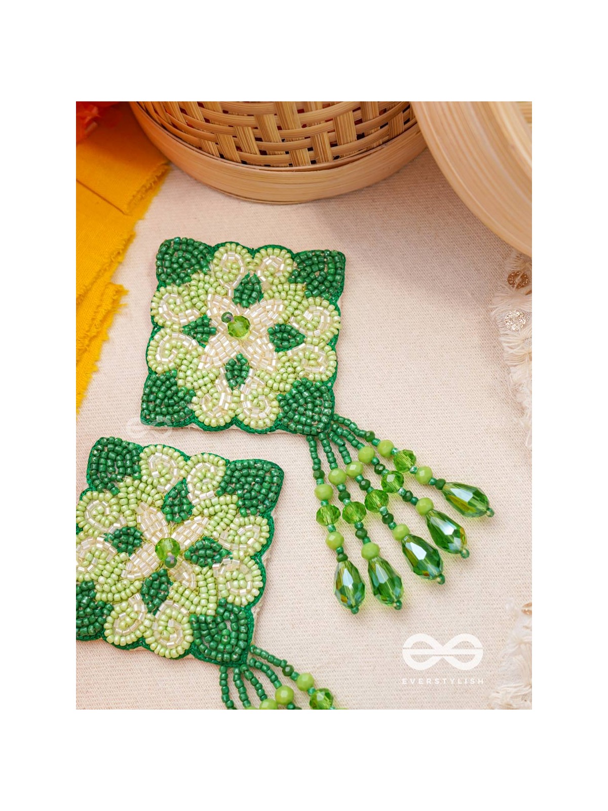 Anupta- The Green Meadow- Stone and Beads Embroidered Earrings