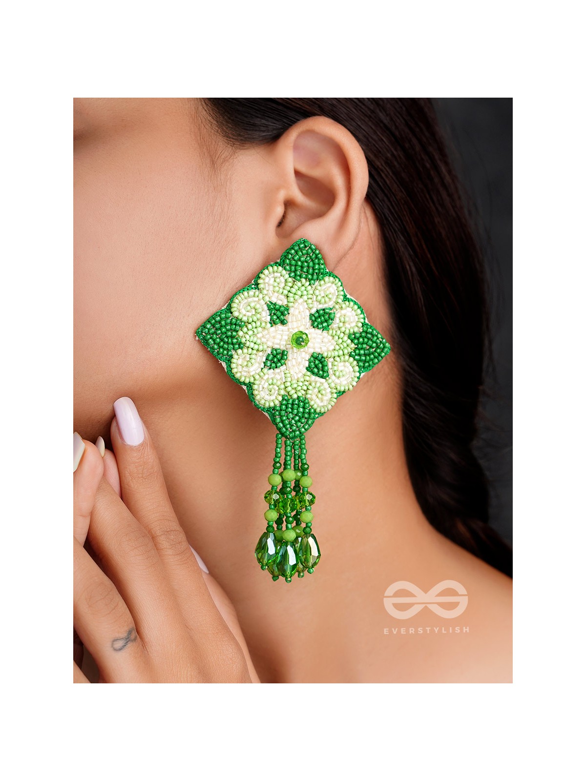 Anupta- The Green Meadow- Stone and Beads Embroidered Earrings