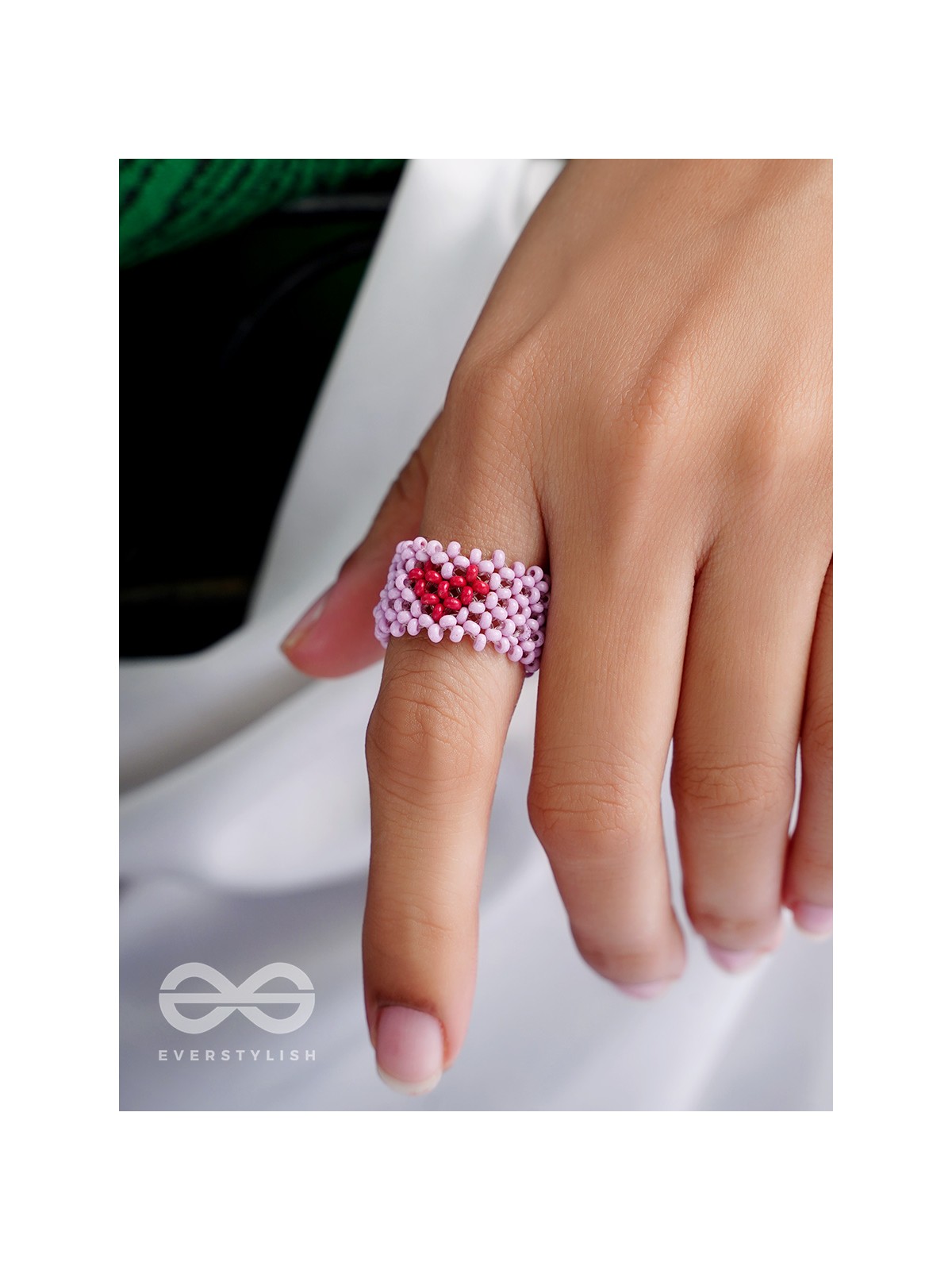 The Crimson Heart- Stretchable Lavender Beaded Ring