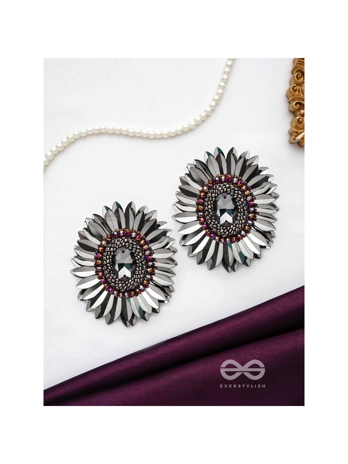 Aartava- the Black Flower- Glass Beads and Sequins Embroidered Earrings