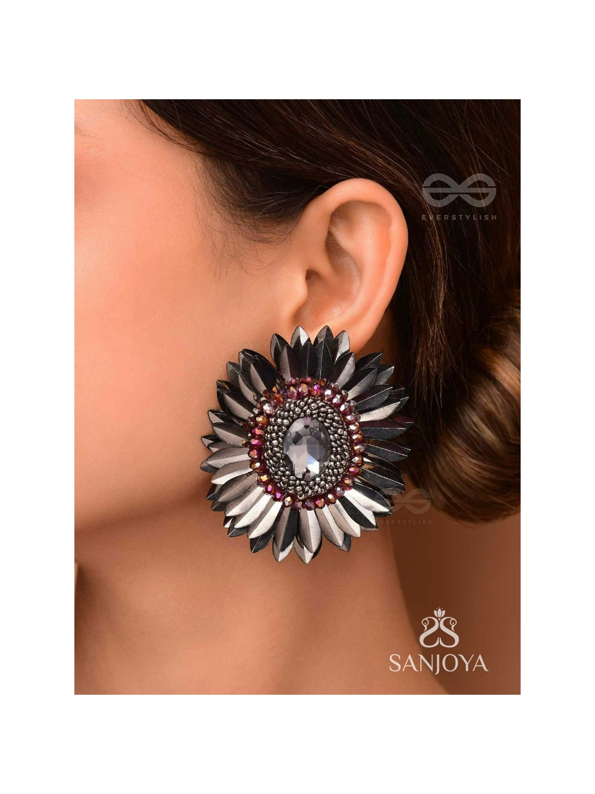 Aartava- the Black Flower- Glass Beads and Sequins Embroidered Earrings