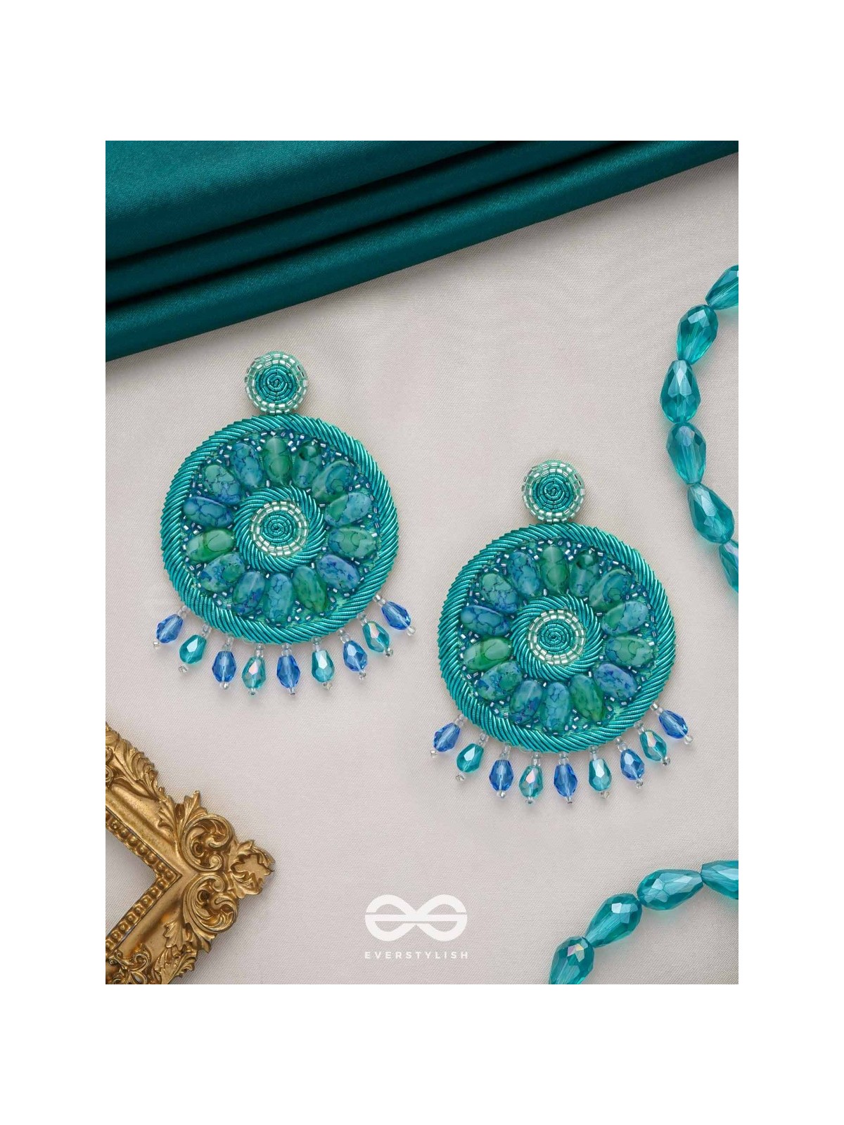 Anushna- The Blue Lotus- Stones and Glass Drops Embroidered Earrings