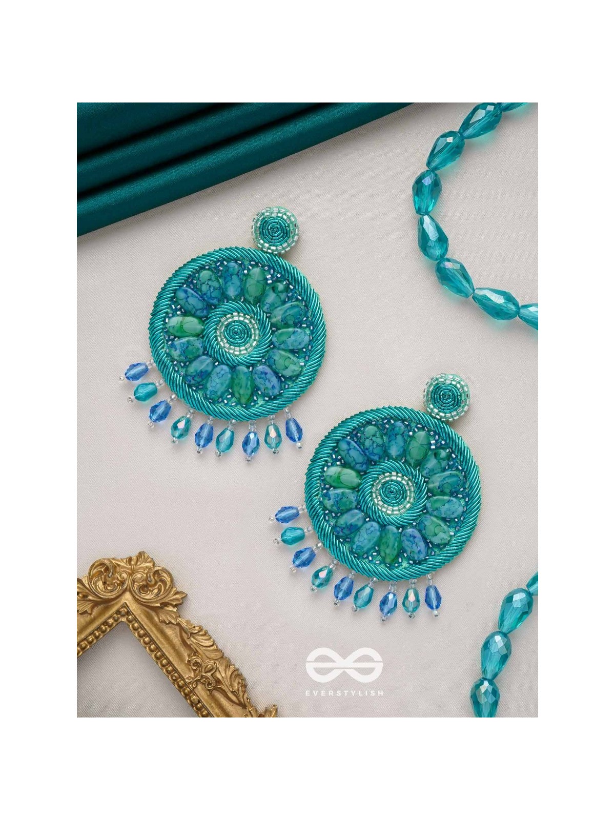 Anushna- The Blue Lotus- Stones and Glass Drops Embroidered Earrings