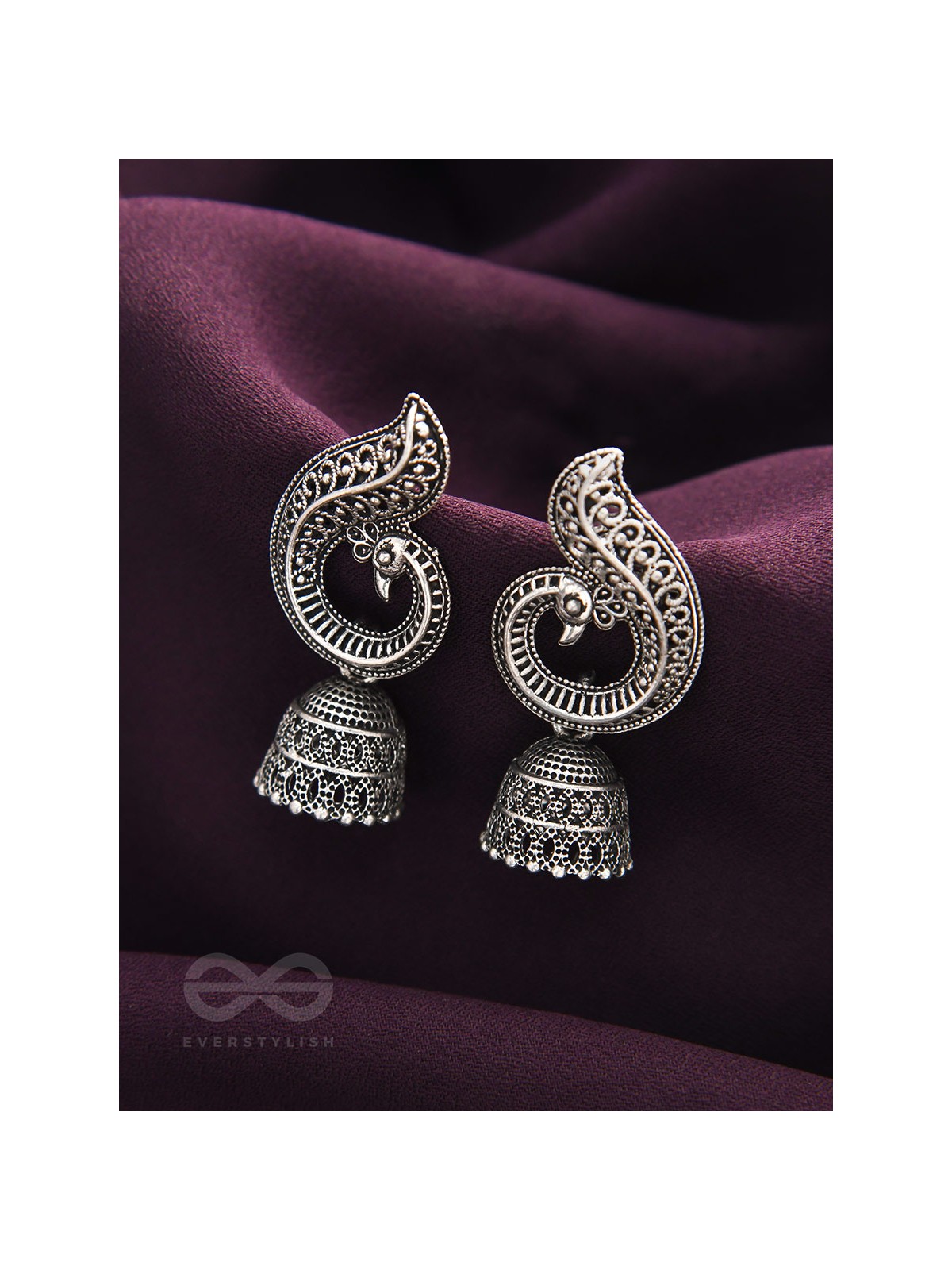 The Reclining Peacock - Oxidised Jhumka Earrings
