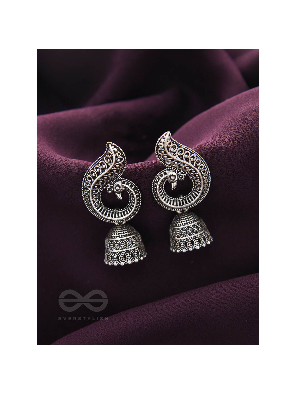 The Reclining Peacock - Oxidised Jhumka Earrings