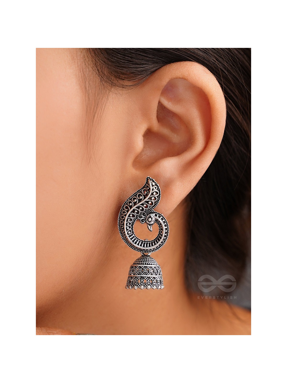 The Reclining Peacock - Oxidised Jhumka Earrings