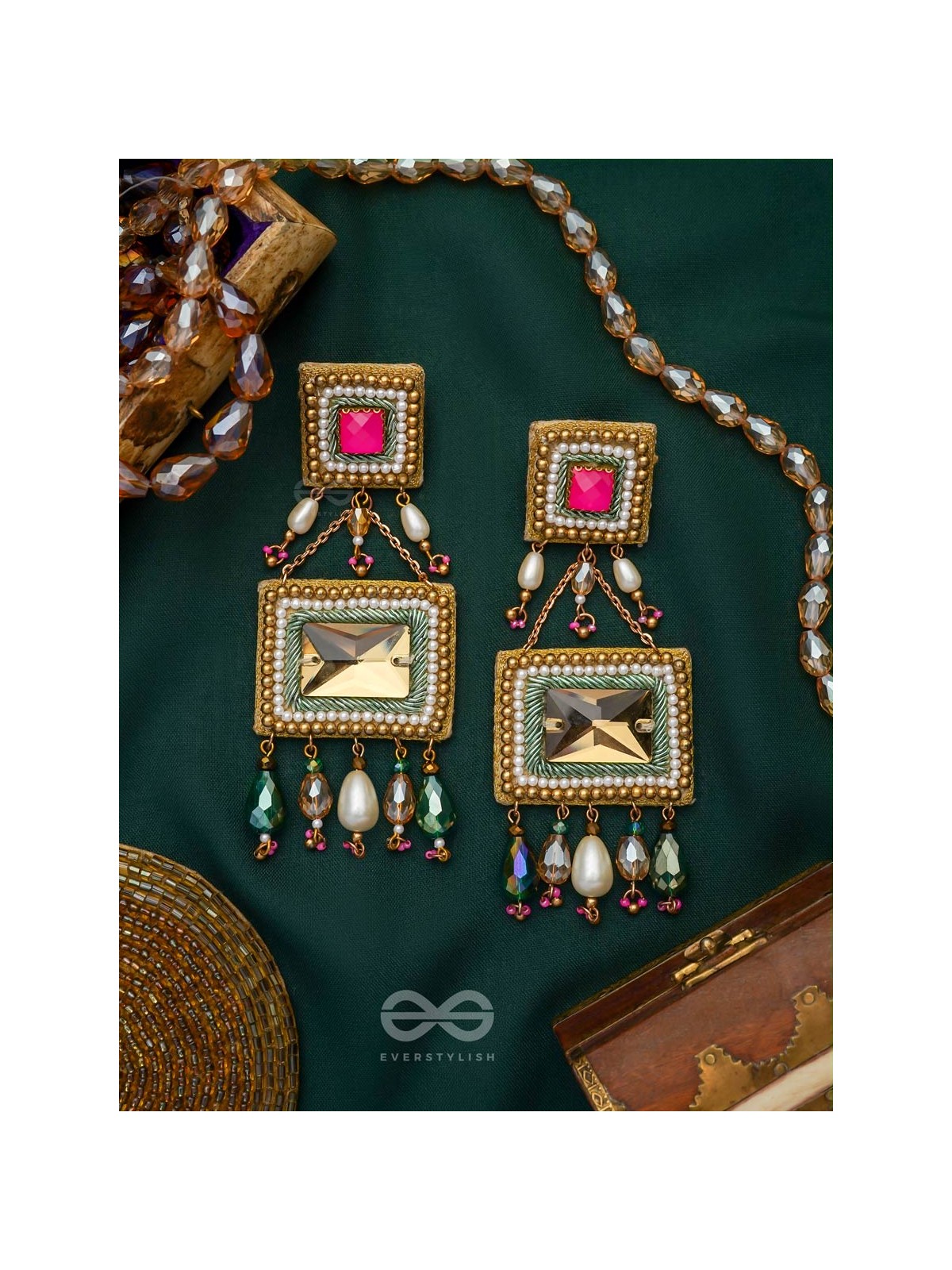 Pushkarini- The Geometric Wonder- Stones and Pearl Drops Embroidered Earrings