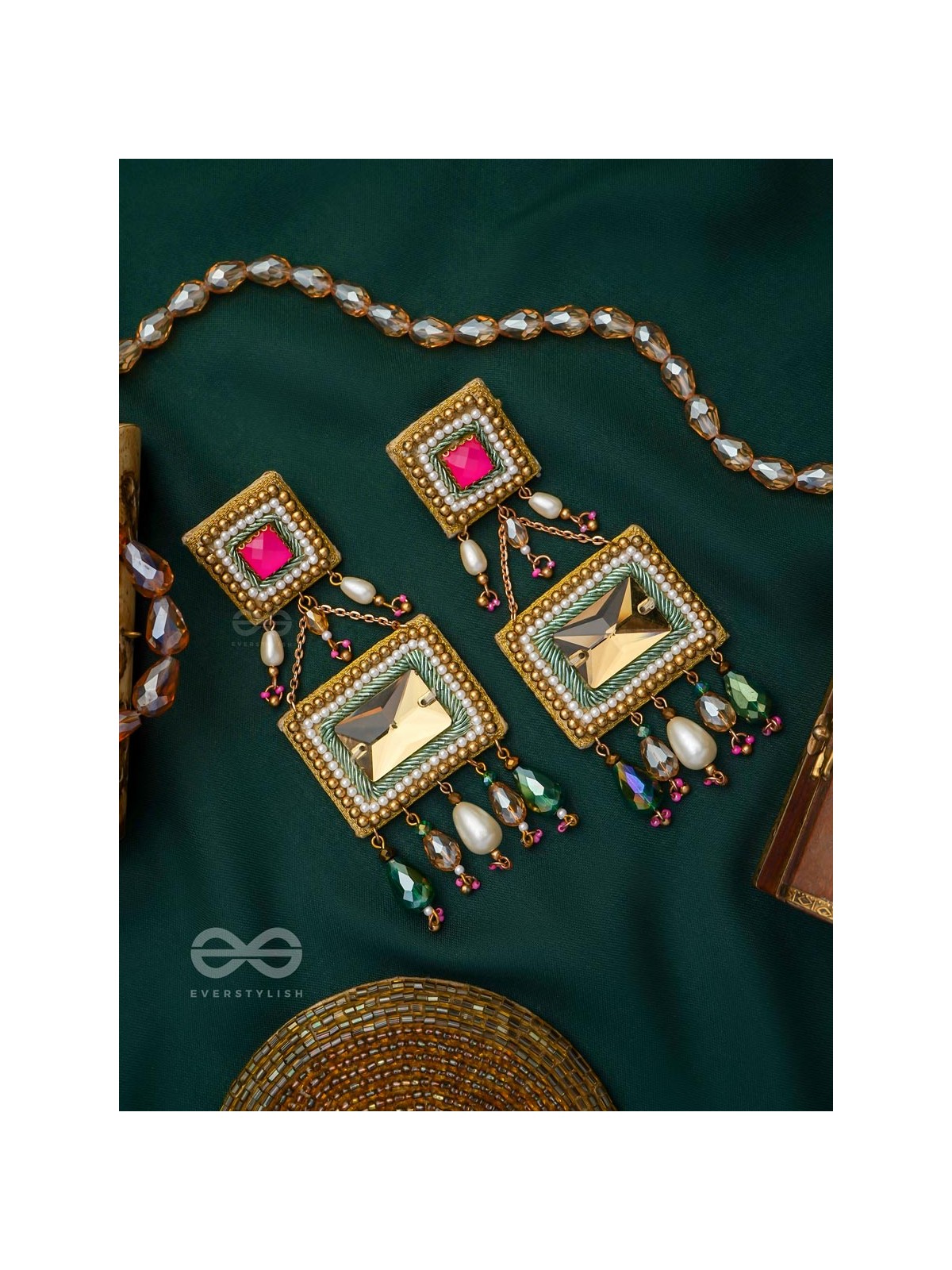 Pushkarini- The Geometric Wonder- Stones and Pearl Drops Embroidered Earrings