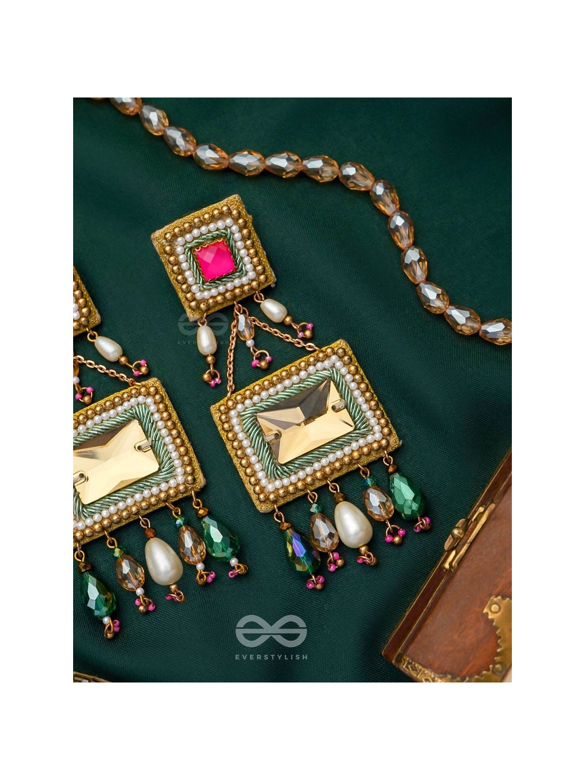 Pushkarini- The Geometric Wonder- Stones and Pearl Drops Embroidered Earrings