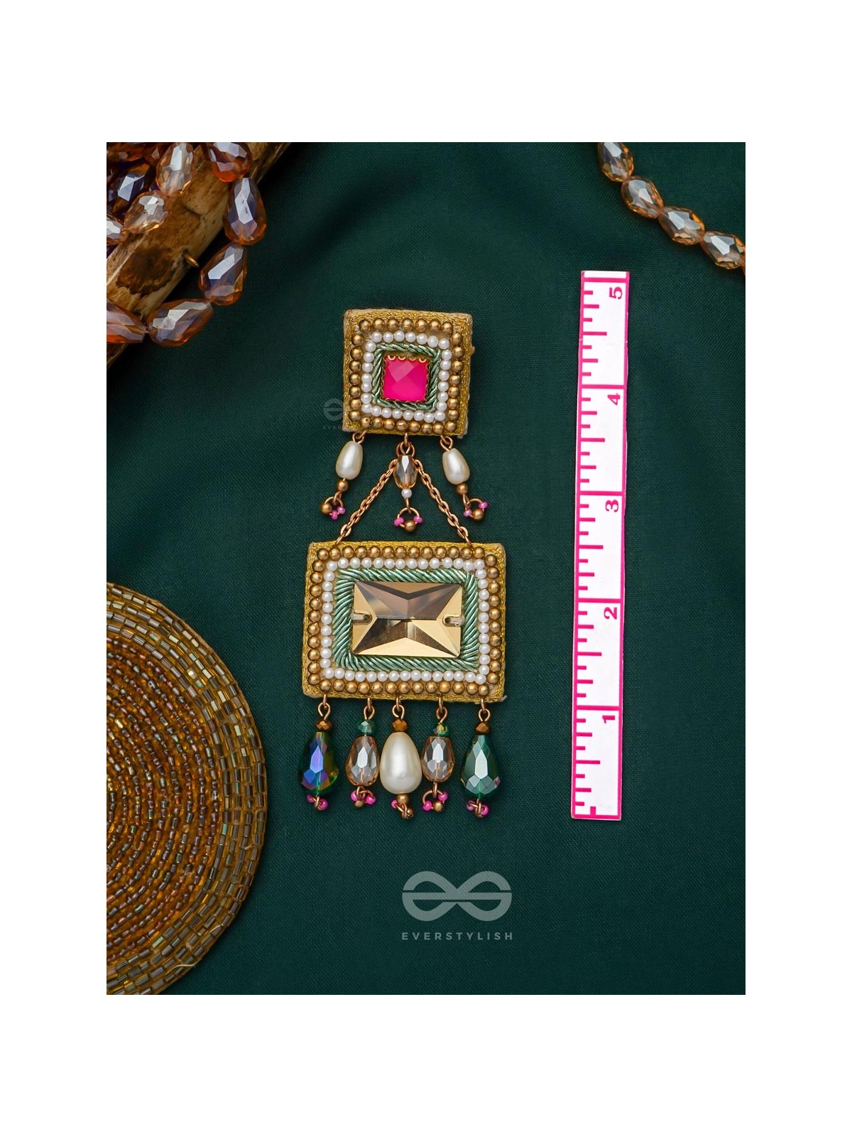 Pushkarini- The Geometric Wonder- Stones and Pearl Drops Embroidered Earrings