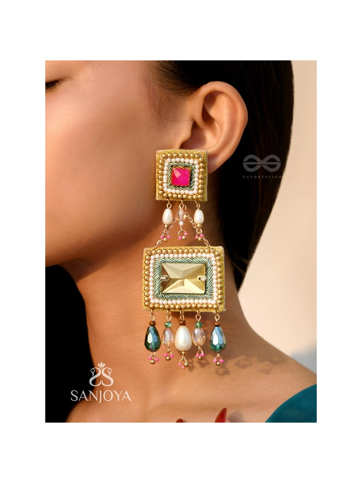 Pushkarini- The Geometric Wonder- Stones and Pearl Drops Embroidered Earrings