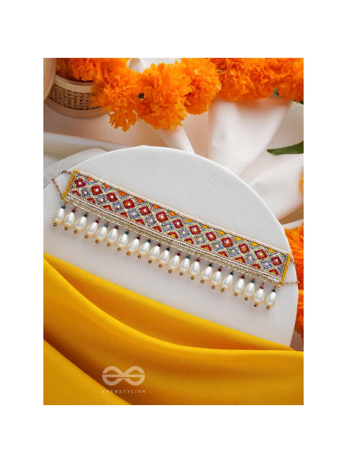 Syamika- The Magnificent Clouds- Pearls and Lace Embroidered Choker Necklace