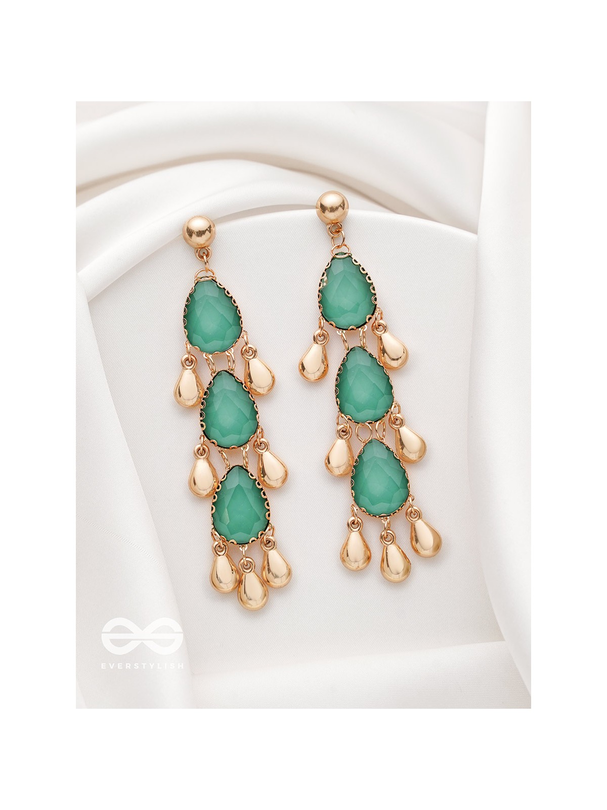 The Emerald Elegance- Golden Embellished Earrings