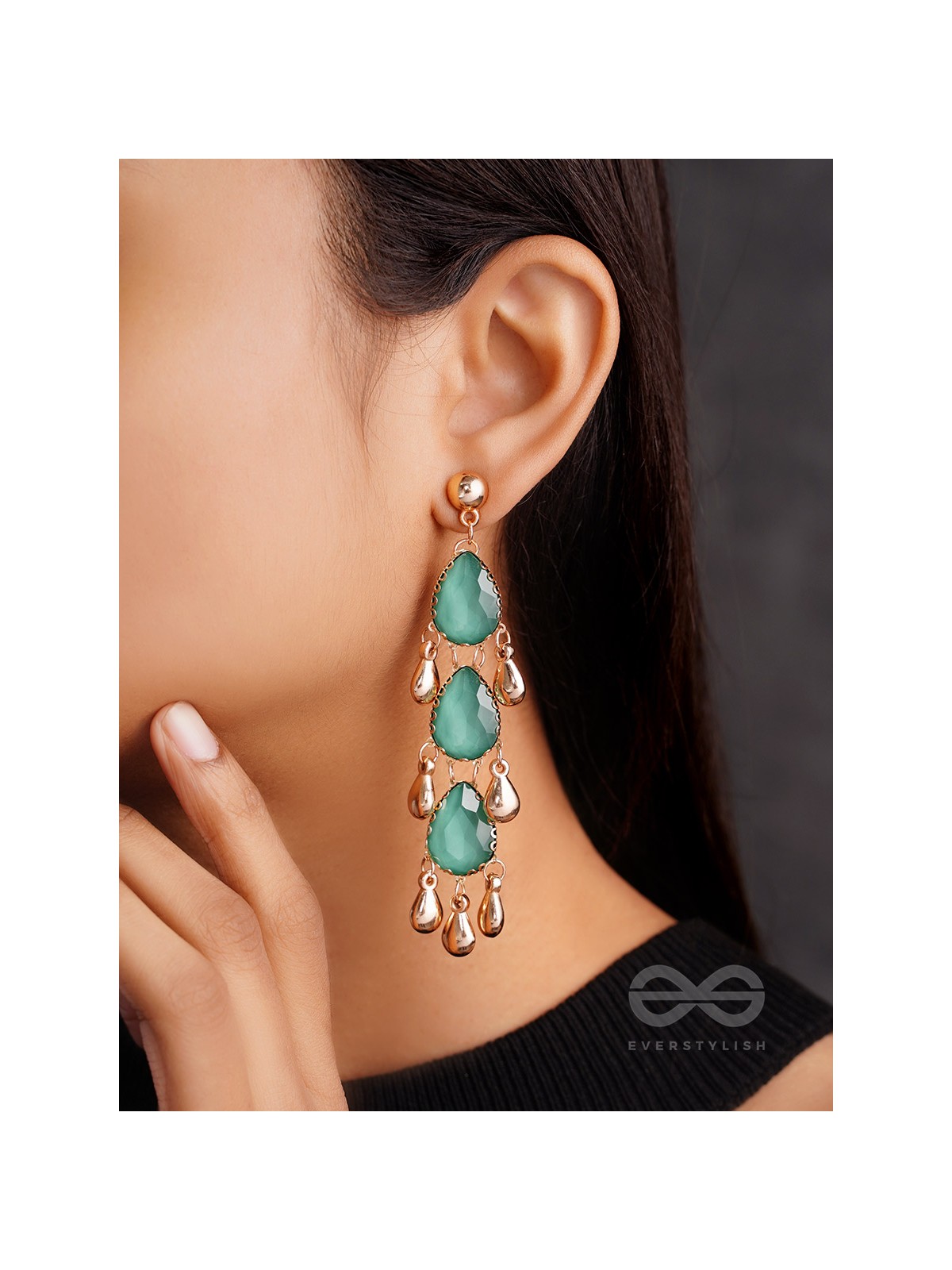 The Emerald Elegance- Golden Embellished Earrings
