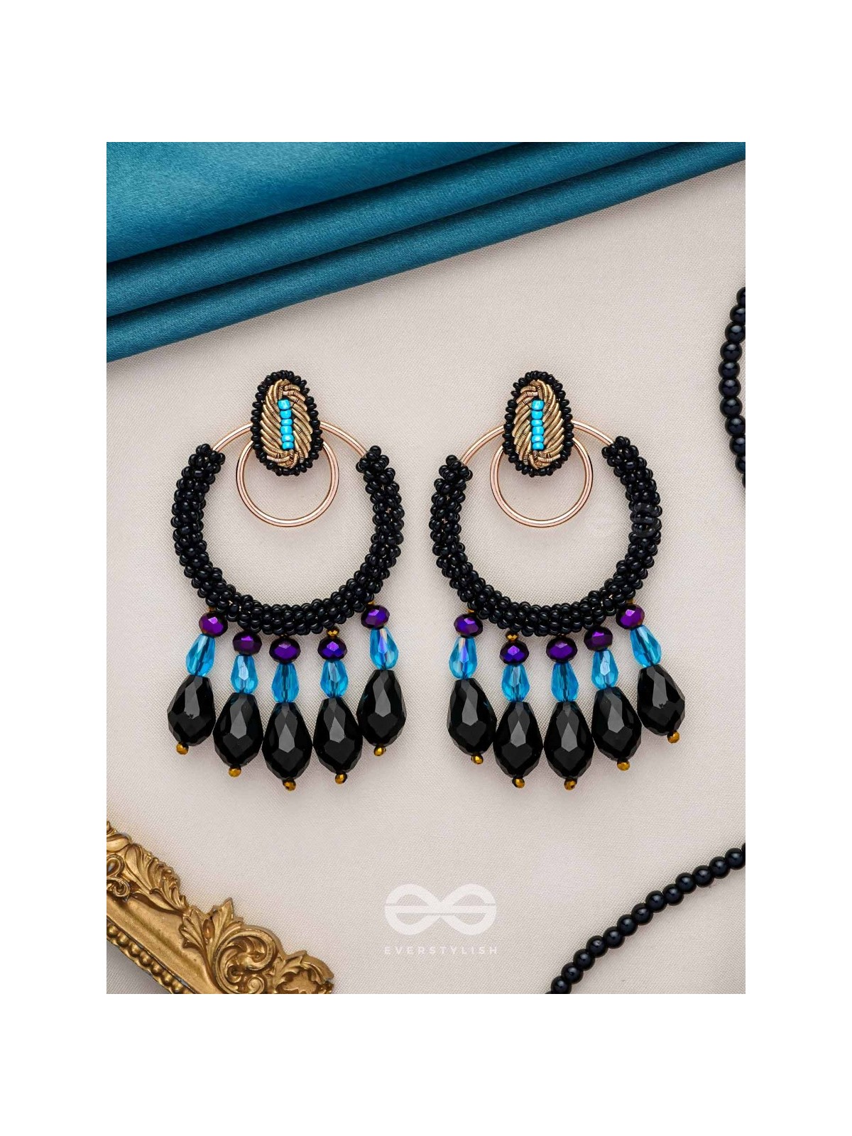 Abhineela - The Mysterious Night -  Beads And Glass Drops Hand Embroidered Earrings