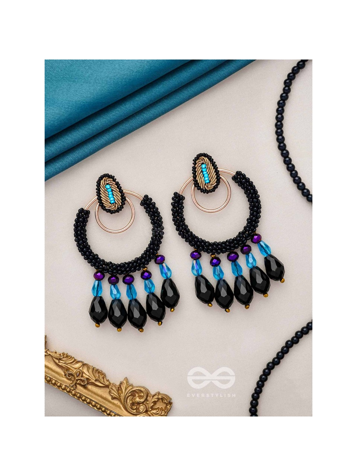 Abhineela - The Mysterious Night -  Beads And Glass Drops Hand Embroidered Earrings