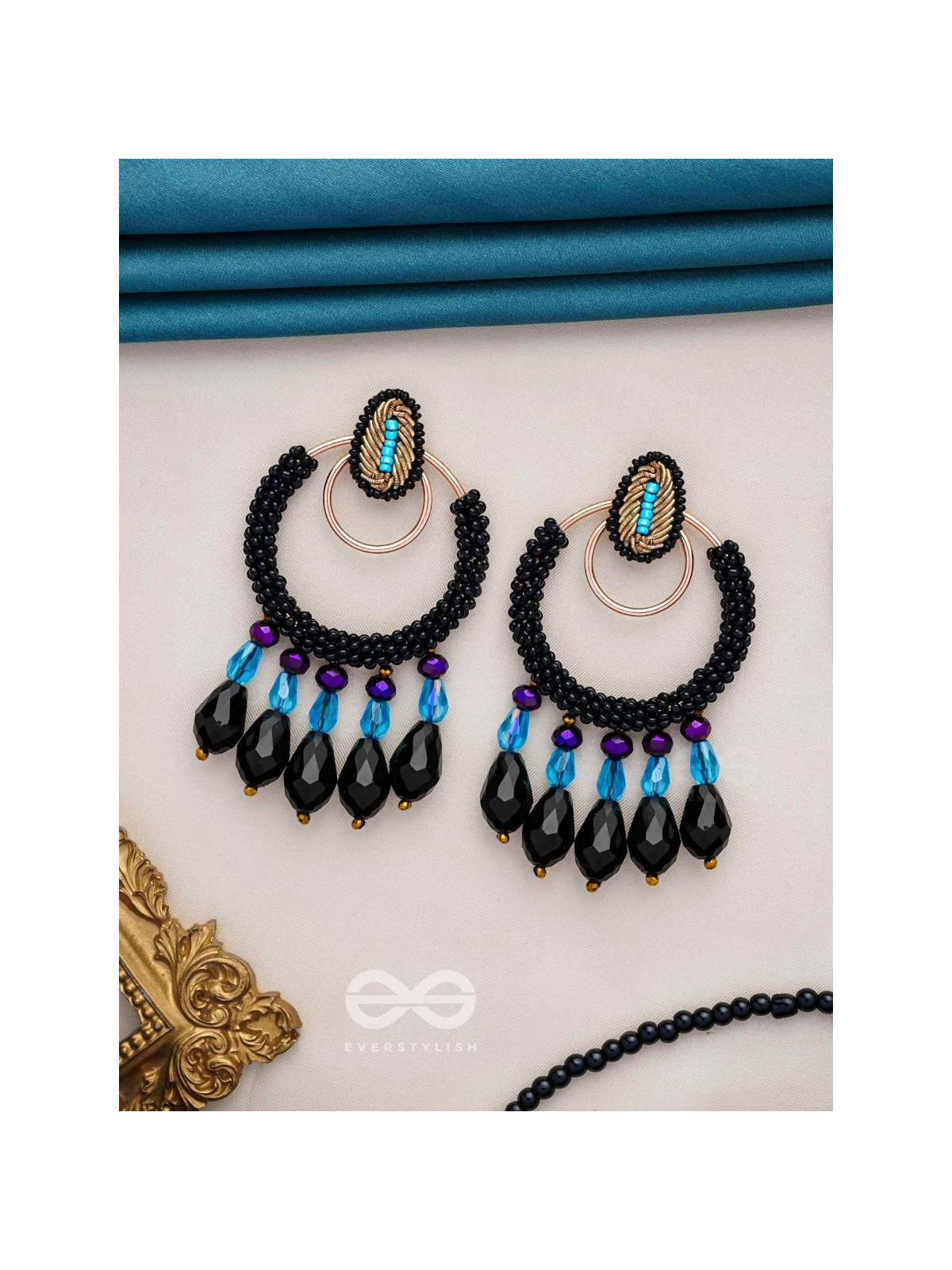 Abhineela - The Mysterious Night -  Beads And Glass Drops Hand Embroidered Earrings