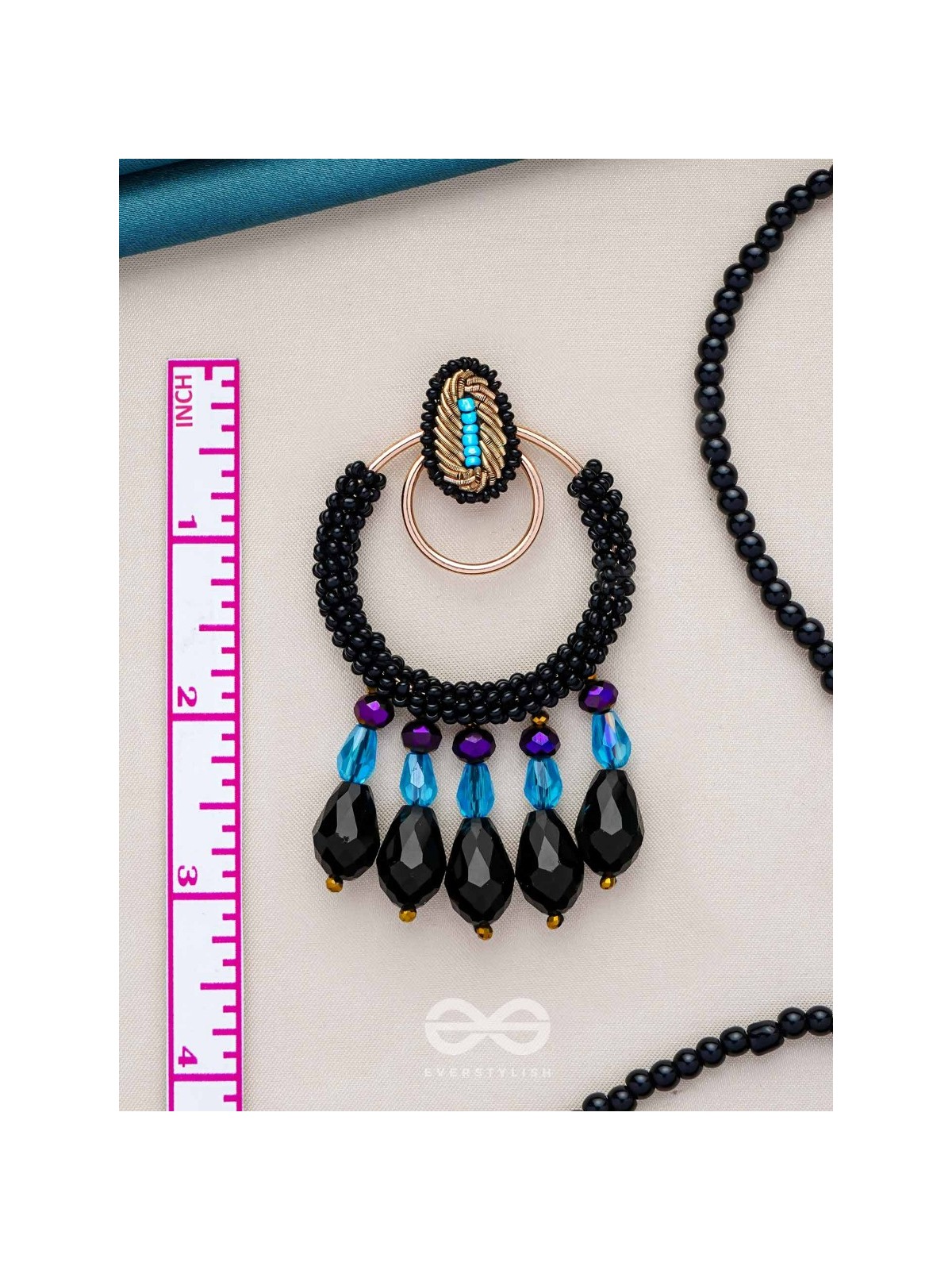 Abhineela - The Mysterious Night -  Beads And Glass Drops Hand Embroidered Earrings