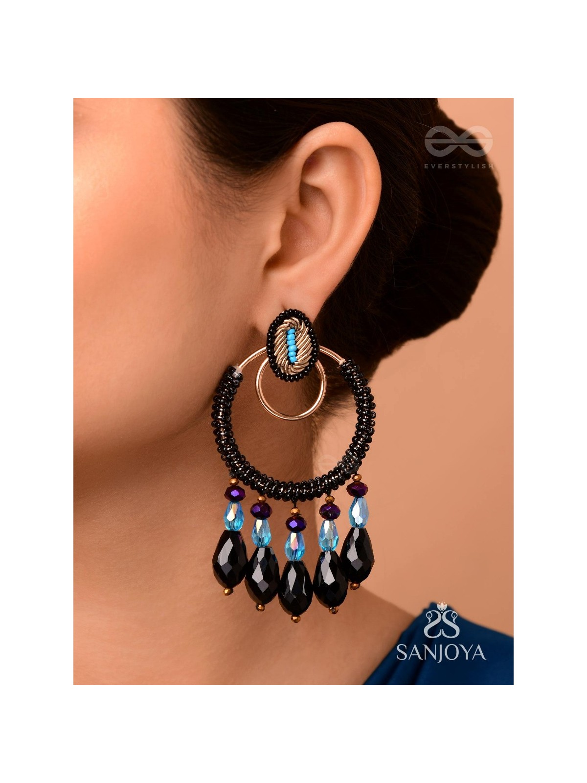 Abhineela - The Mysterious Night -  Beads And Glass Drops Hand Embroidered Earrings