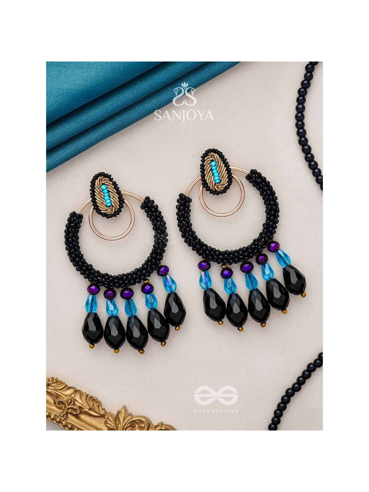 Abhineela - The Mysterious Night -  Beads And Glass Drops Hand Embroidered Earrings
