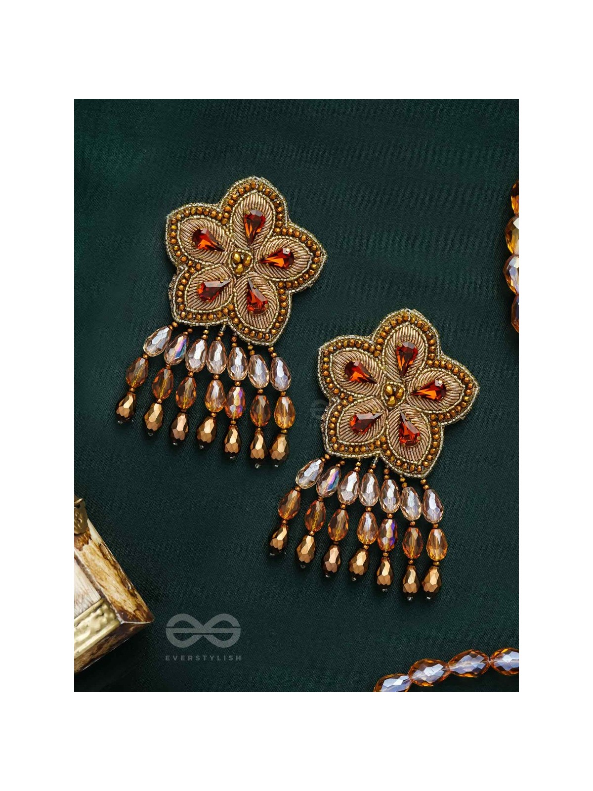Aarksha - The Stellar Beauty - Stones, Dabka And Glass Drops Hand Embroidered Earrings