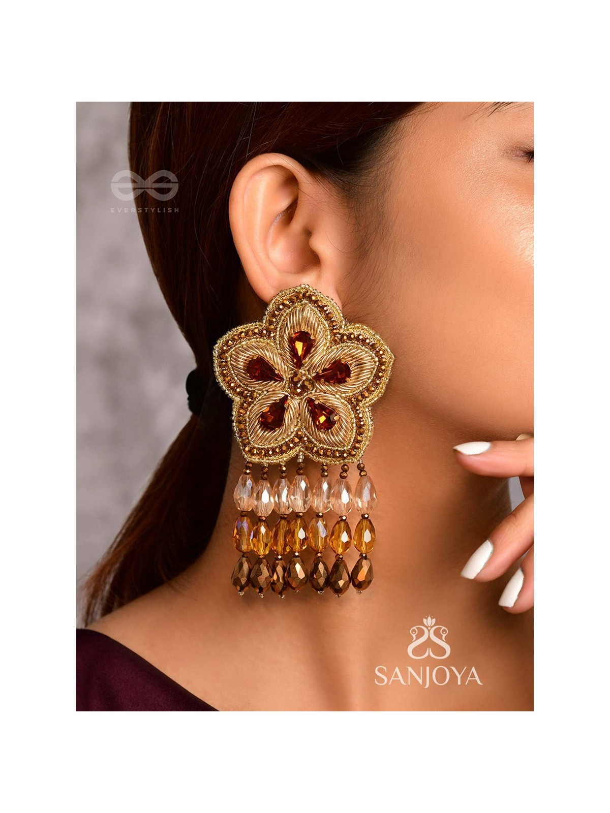 Aarksha - The Stellar Beauty - Stones, Dabka And Glass Drops Hand Embroidered Earrings