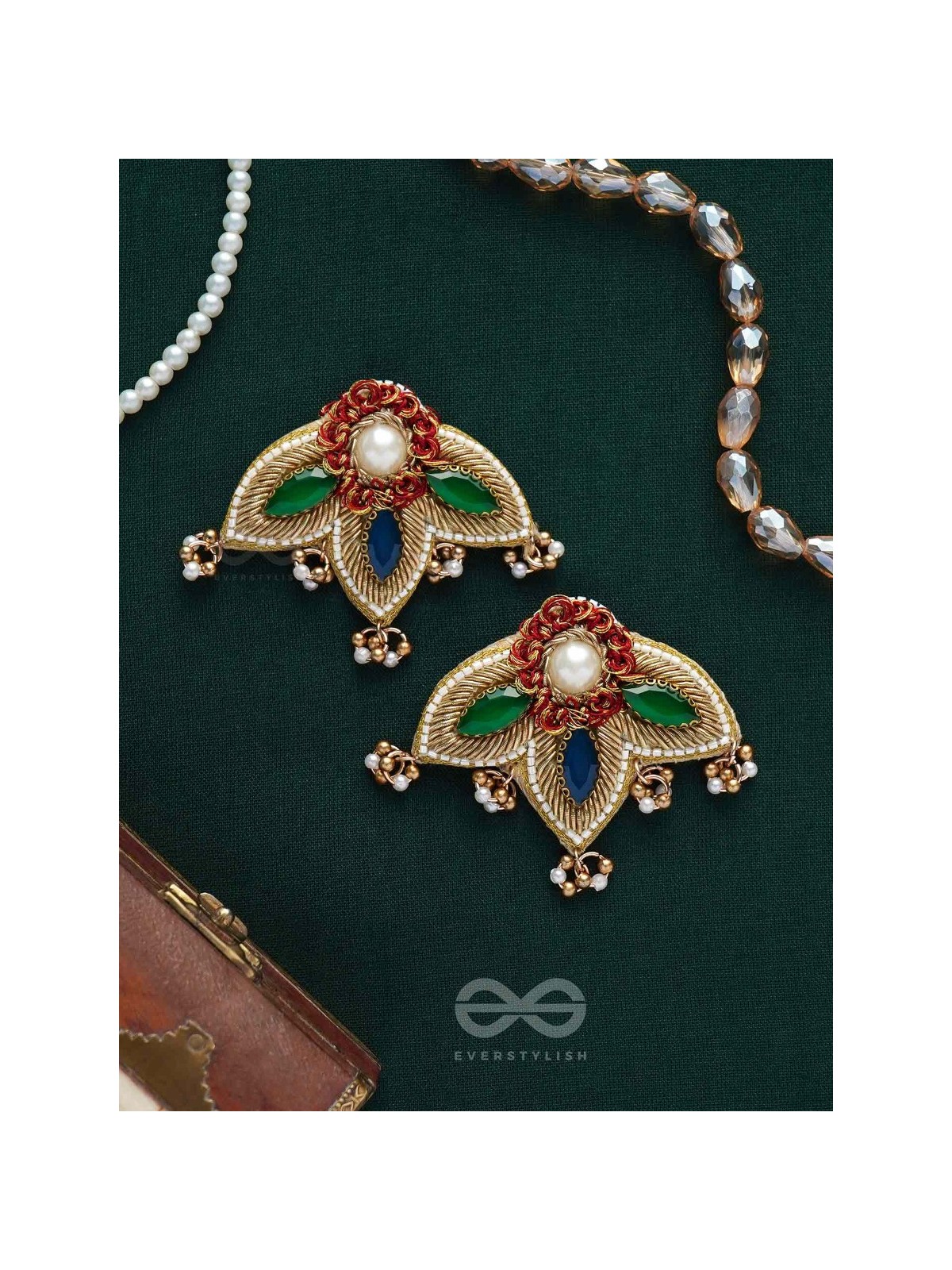 Kaaravi- The Lush Leaf- Resham, Pearls and Stones Embroidered Earrings