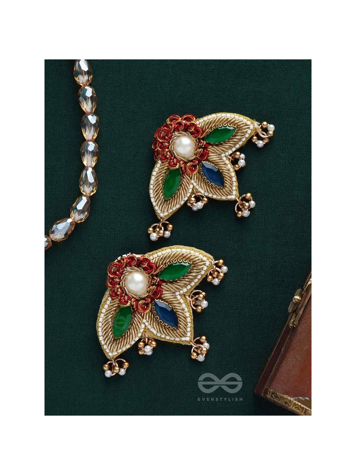 Kaaravi- The Lush Leaf- Resham, Pearls and Stones Embroidered Earrings
