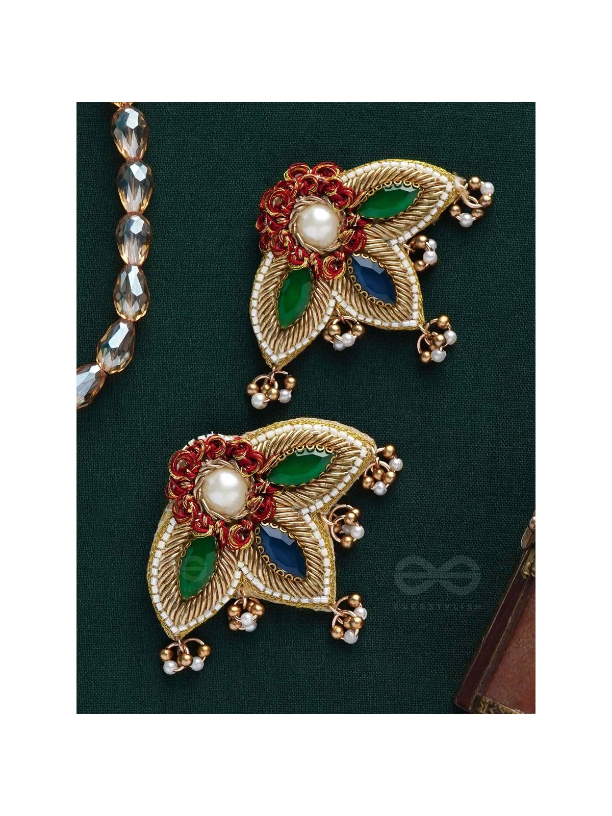 Kaaravi- The Lush Leaf- Resham, Pearls and Stones Embroidered Earrings