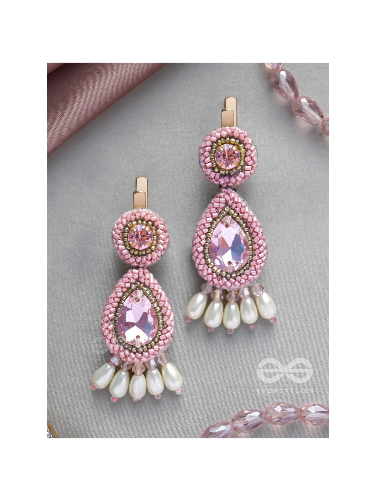 Aarakta- The Pink Beauty- Pearls and Stones Embroidered Hair Clips