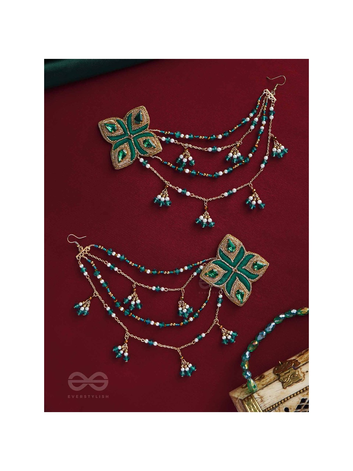 Vapraa - The Spring Garden - Beads, Stones And Resham Hand Embroidered Chain Earrings