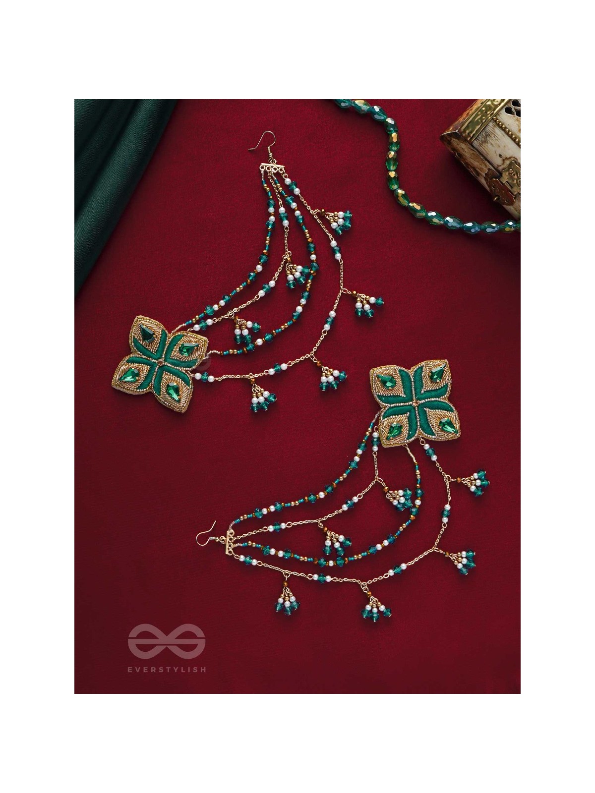 Vapraa - The Spring Garden - Beads, Stones And Resham Hand Embroidered Chain Earrings