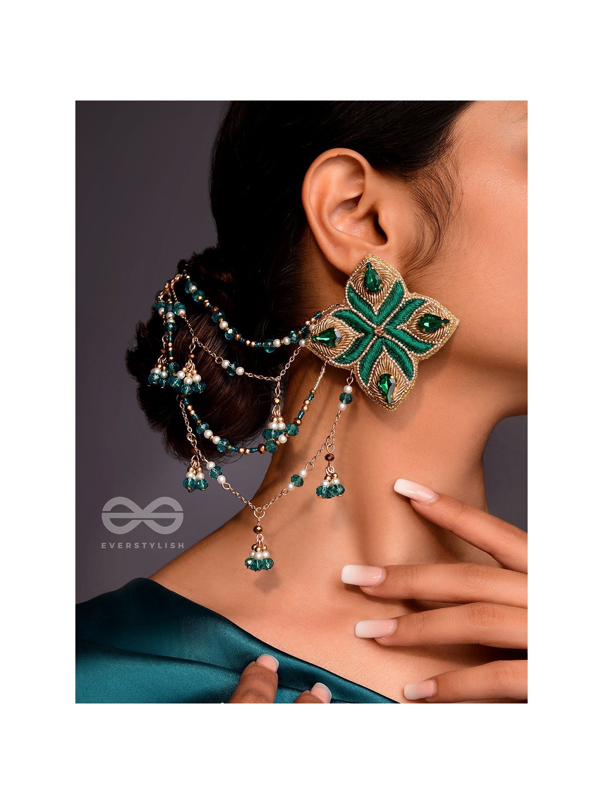 Vapraa - The Spring Garden - Beads, Stones And Resham Hand Embroidered Chain Earrings