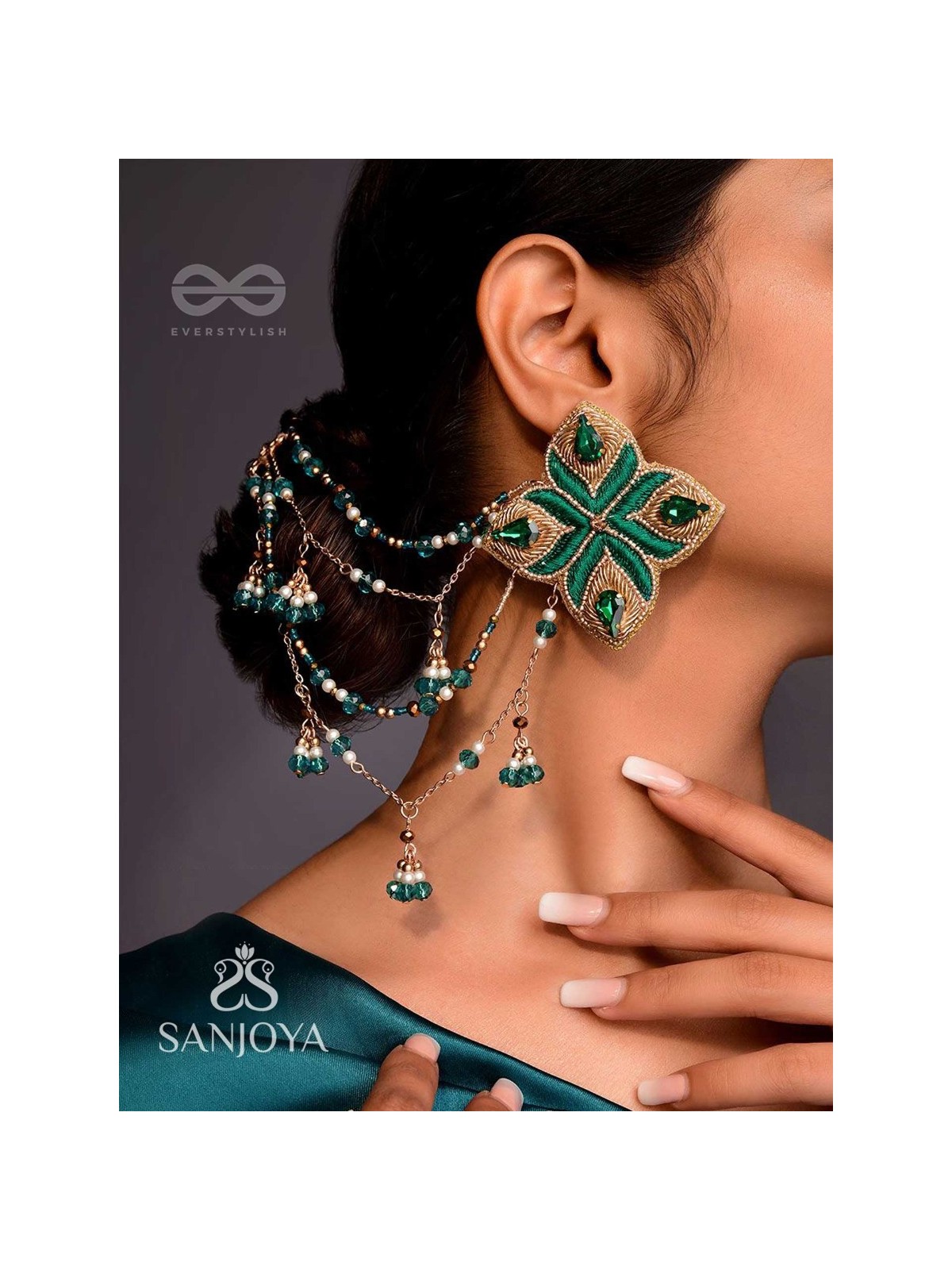 Vapraa - The Spring Garden - Beads, Stones And Resham Hand Embroidered Chain Earrings