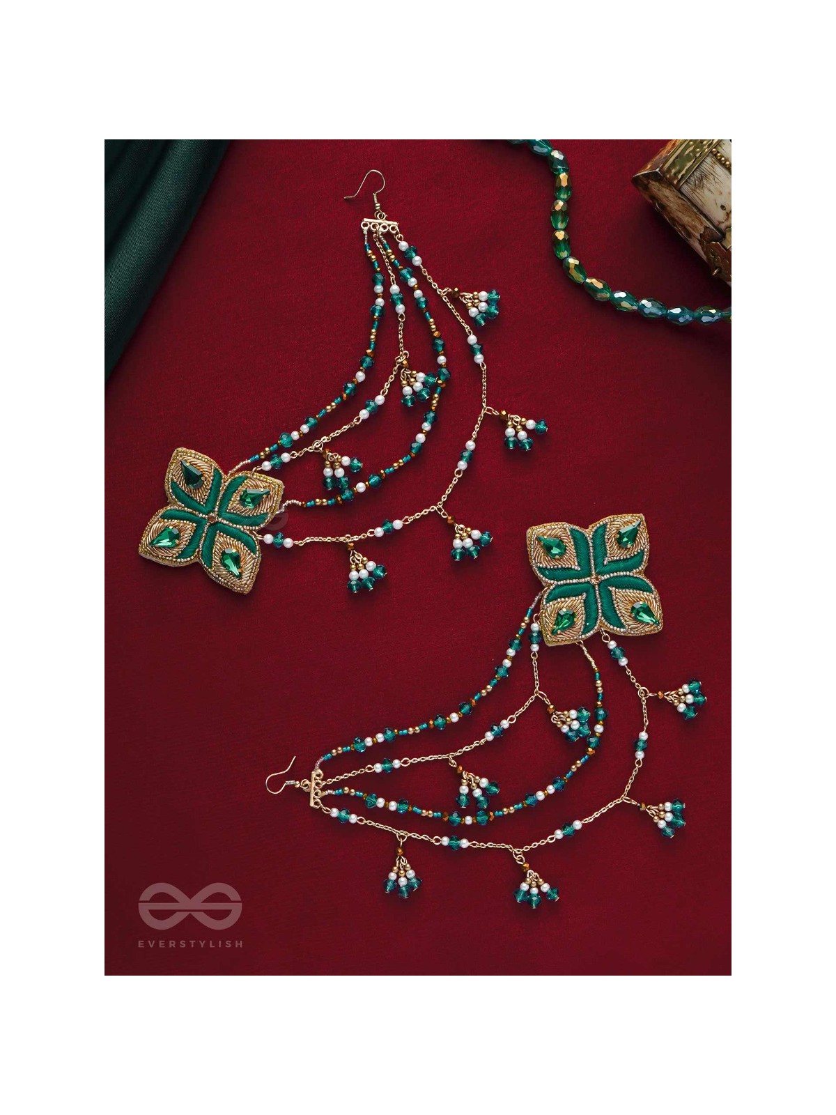 Vapraa - The Spring Garden - Beads, Stones And Resham Hand Embroidered Chain Earrings