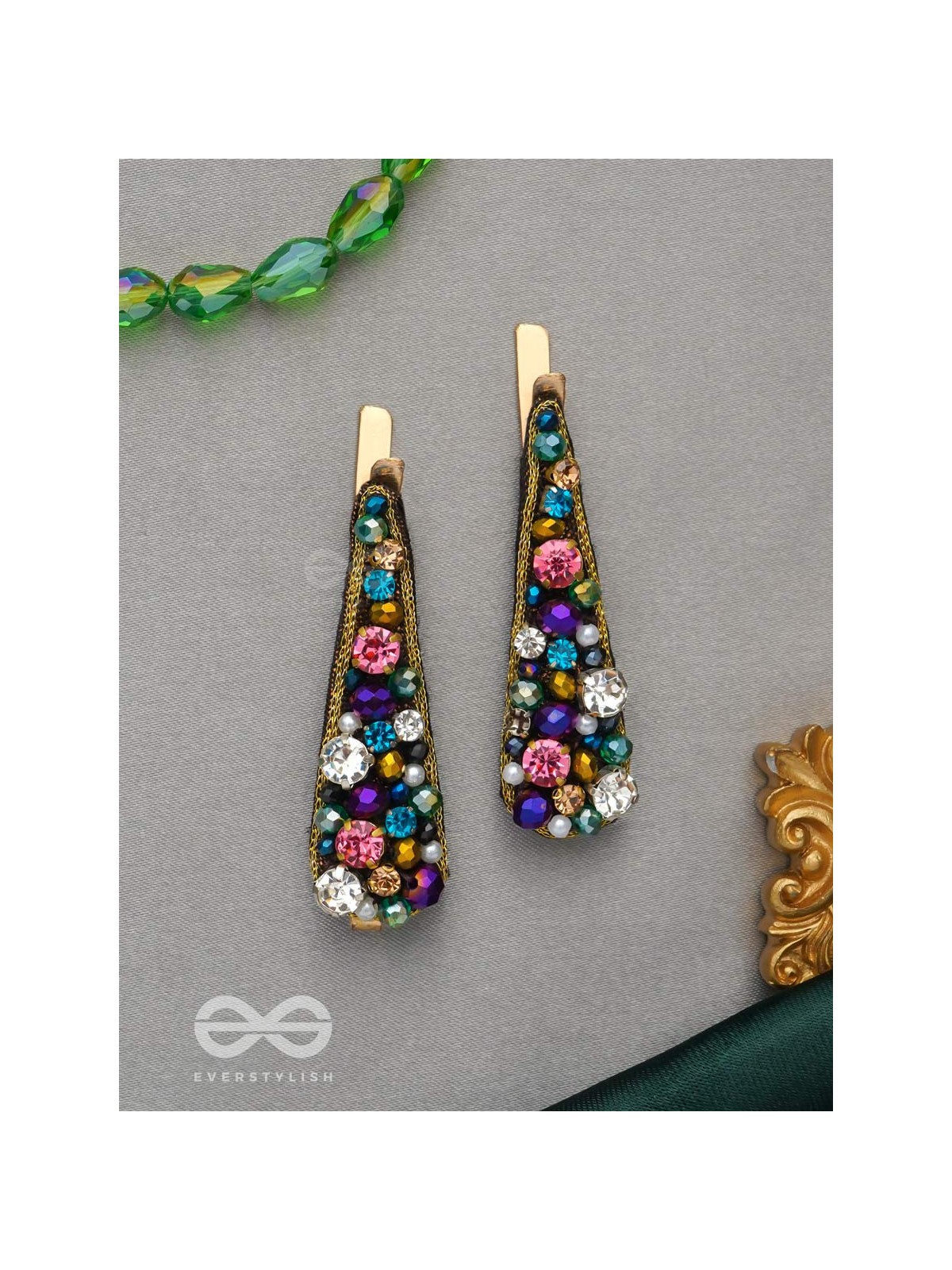 Vasnya- Exquisitely Precious- Stones, Glass Beads and Zari Embroidered Hair Clips