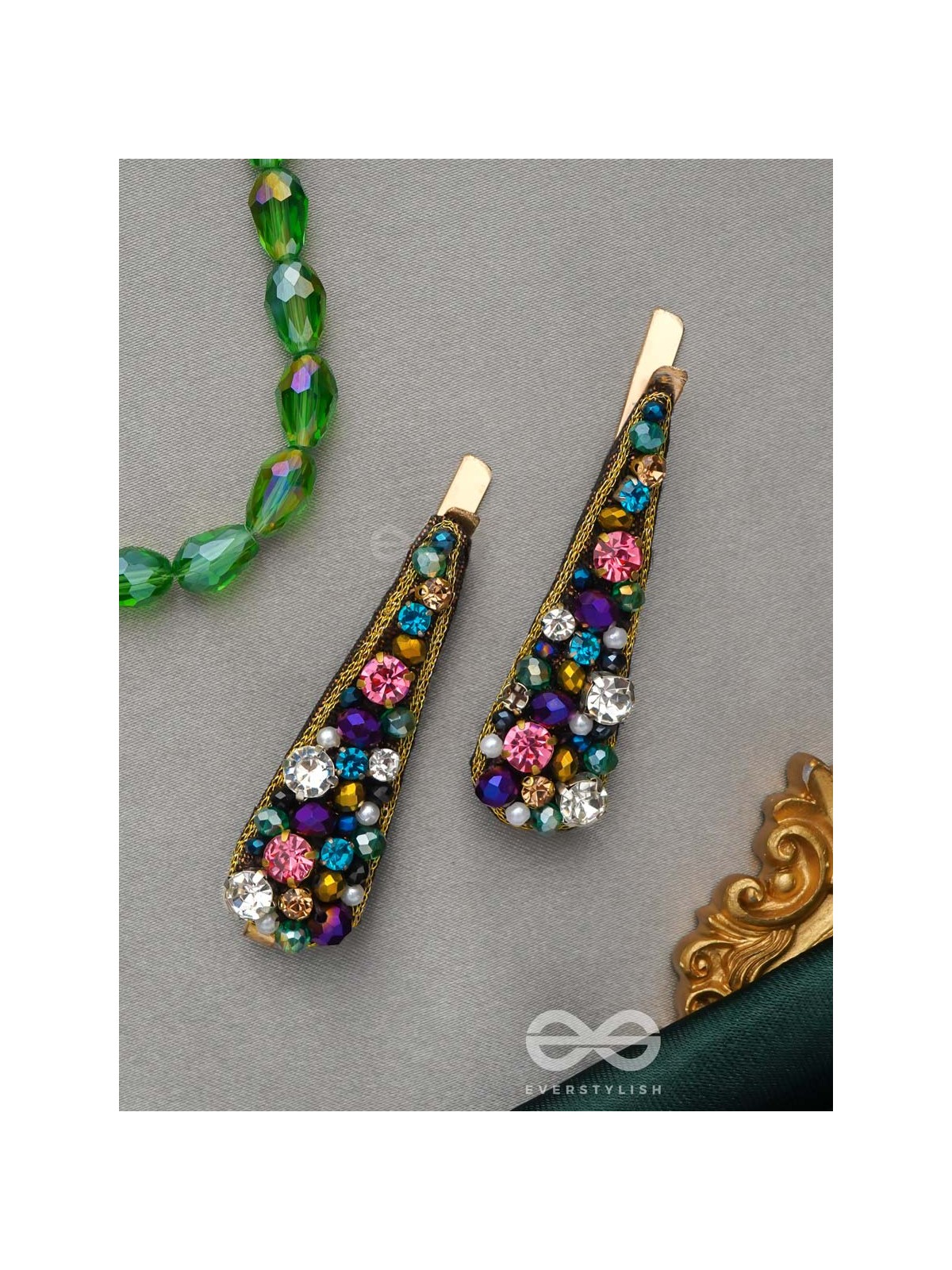 Vasnya- Exquisitely Precious- Stones, Glass Beads and Zari Embroidered Hair Clips