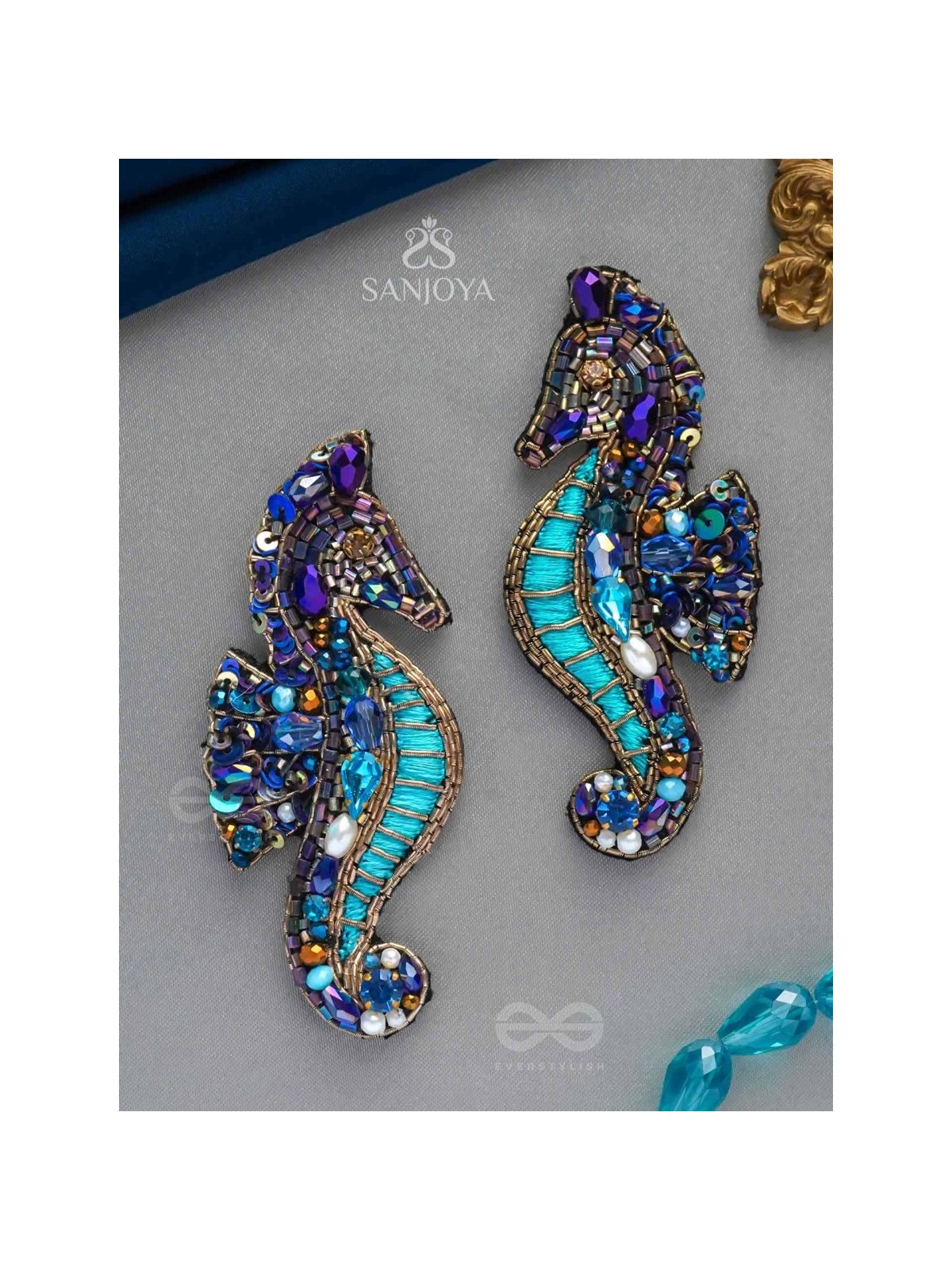 Ashwameen- The Splendid Seahorse- Stones, Sequins and Beads Embroidered Statement Earrings