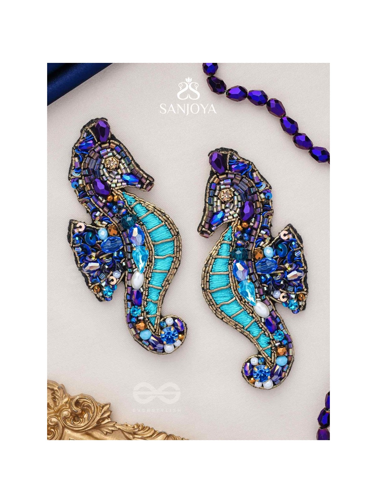 Ashwameen- The Splendid Seahorse- Stones, Sequins and Beads Embroidered Statement Earrings
