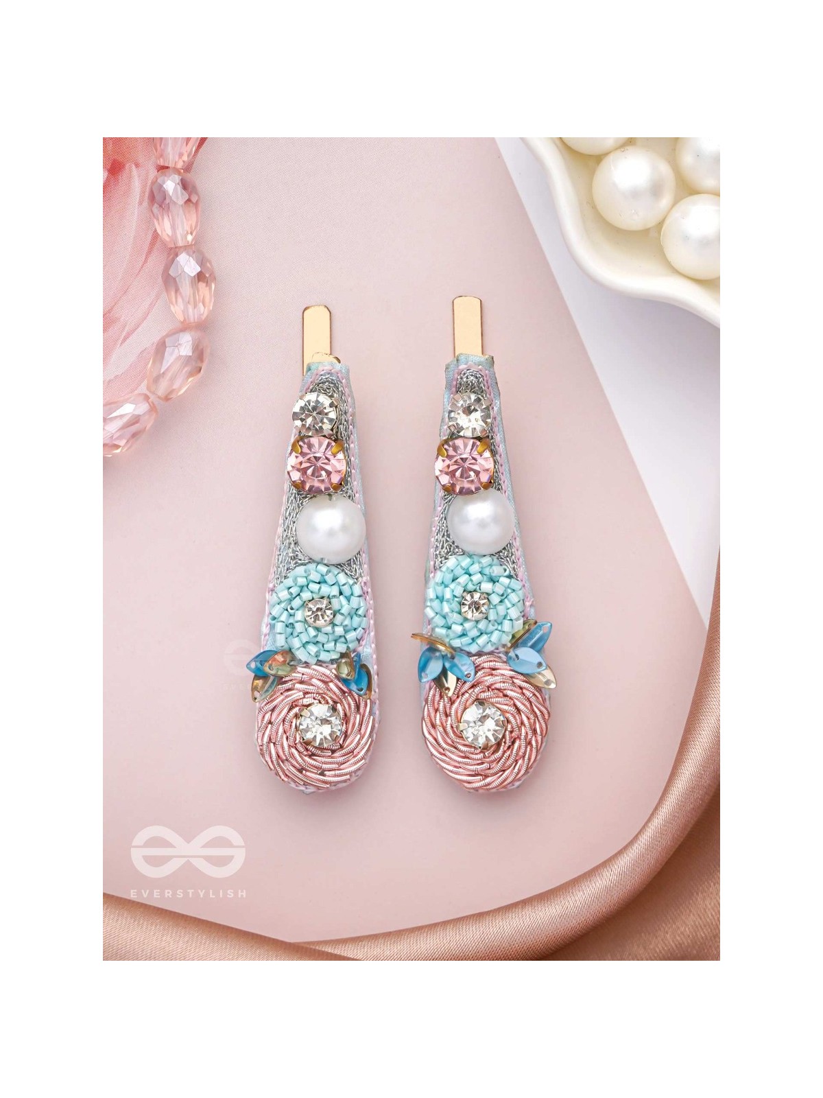 Kelivana - The Pleasant Garden - Stones, Dabka, Pearls And Sequins Hand Embroidered Hair Clips