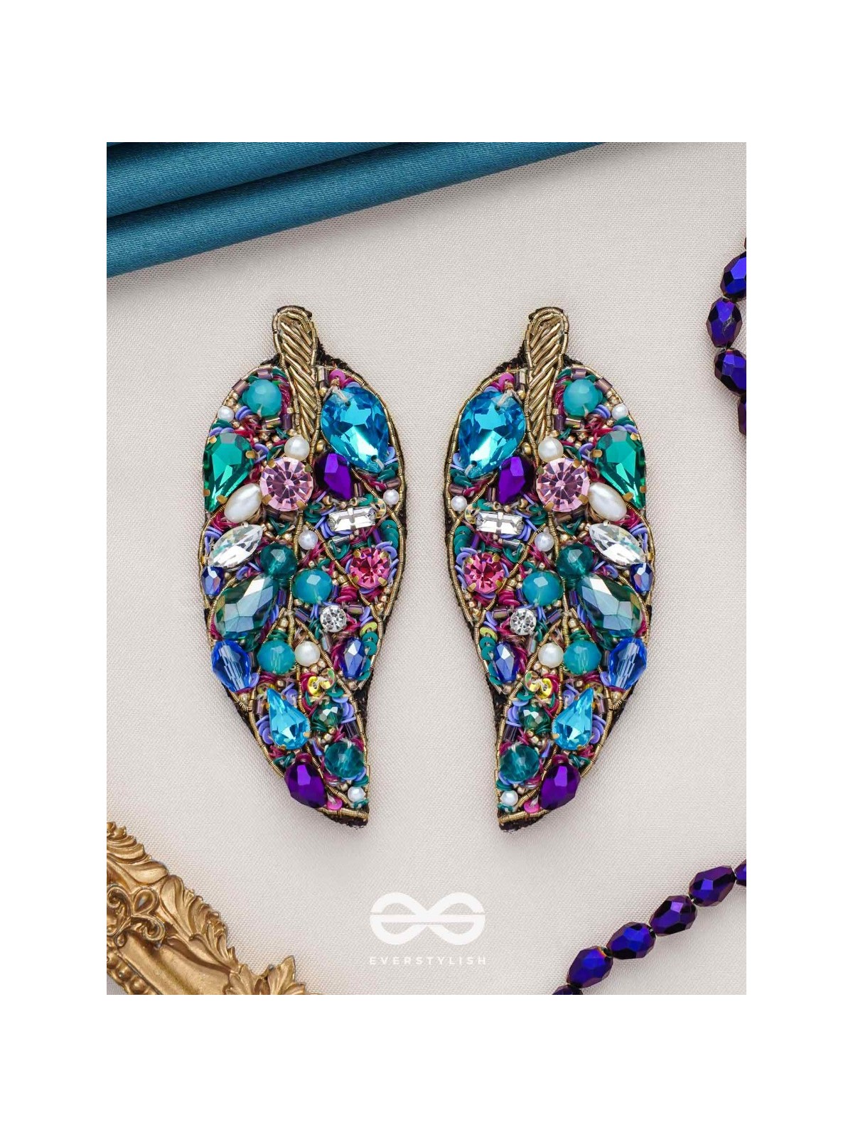Parnila- The Lovely Leaf- Stones, Sequins and Glass Beads Embroidered Stud Earrings