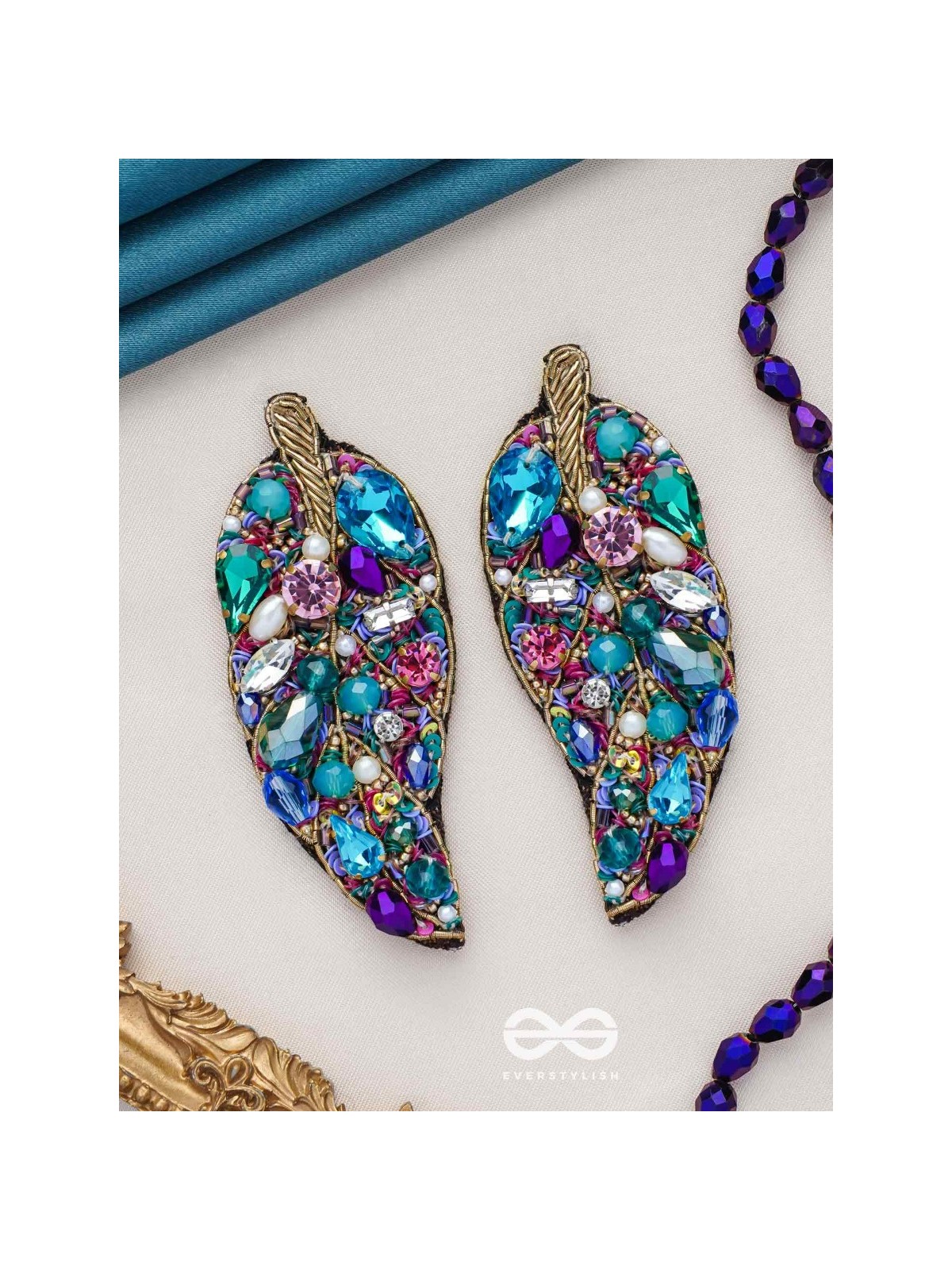 Parnila- The Lovely Leaf- Stones, Sequins and Glass Beads Embroidered Stud Earrings