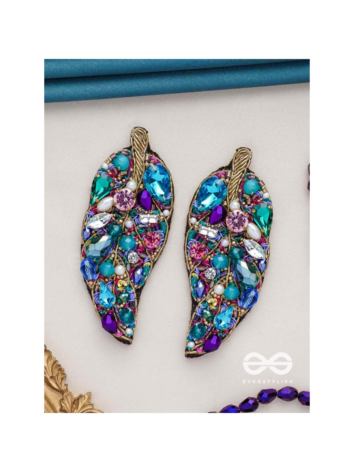 Parnila- The Lovely Leaf- Stones, Sequins and Glass Beads Embroidered Stud Earrings
