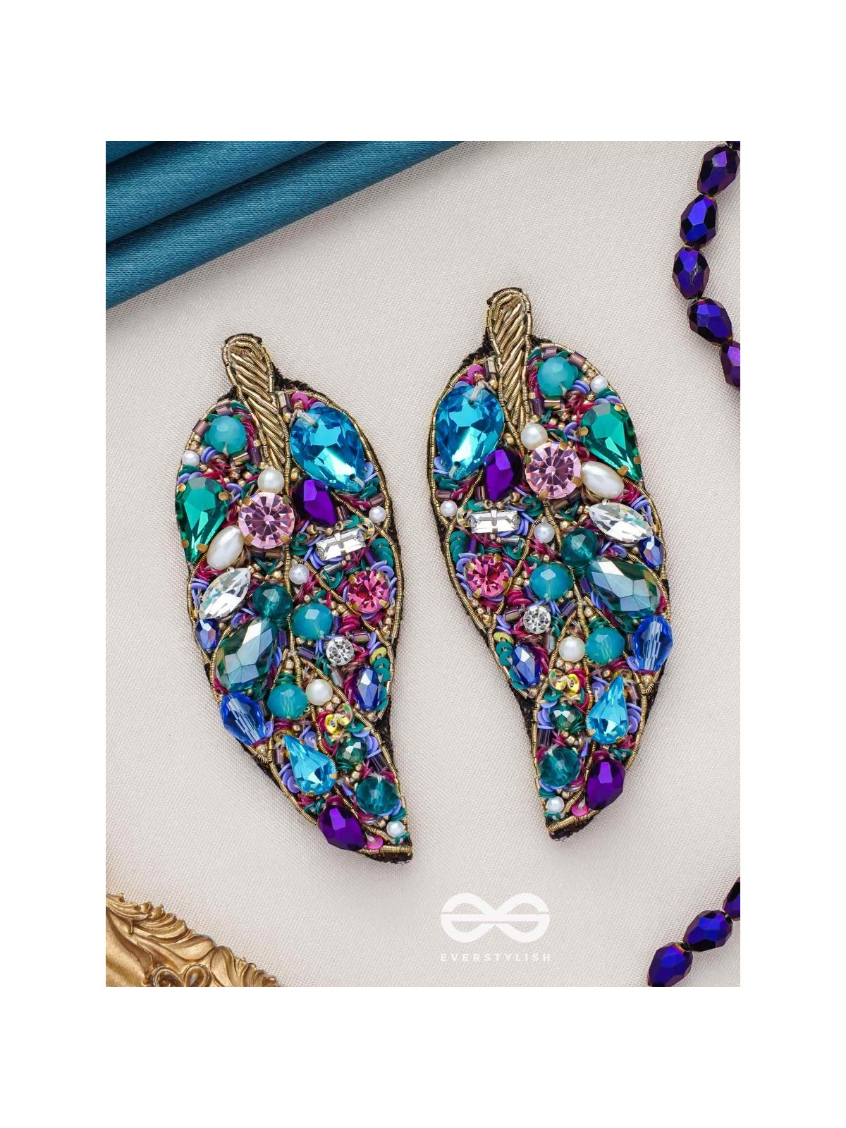 Parnila- The Lovely Leaf- Stones, Sequins and Glass Beads Embroidered Stud Earrings