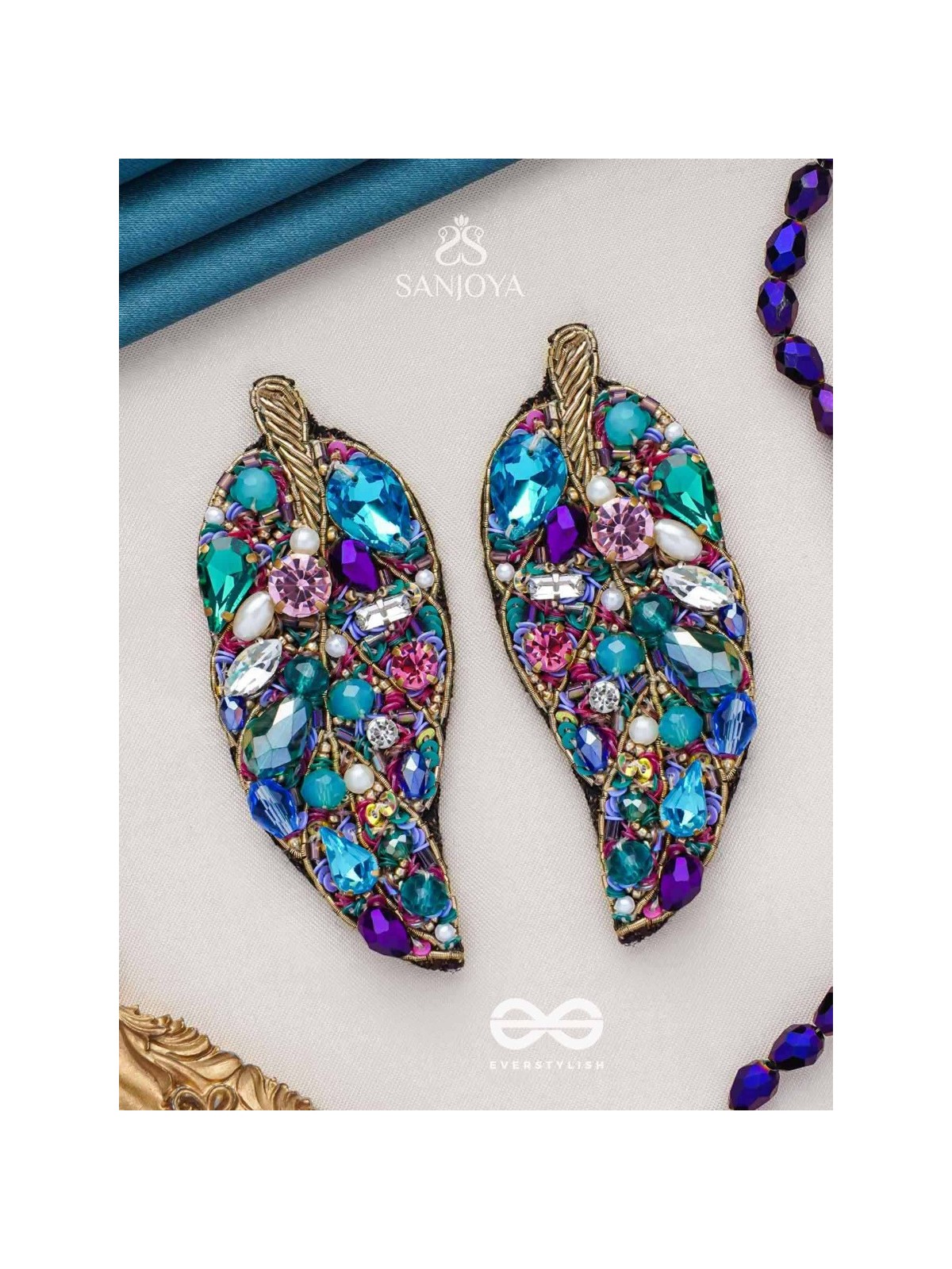 Parnila- The Lovely Leaf- Stones, Sequins and Glass Beads Embroidered Stud Earrings