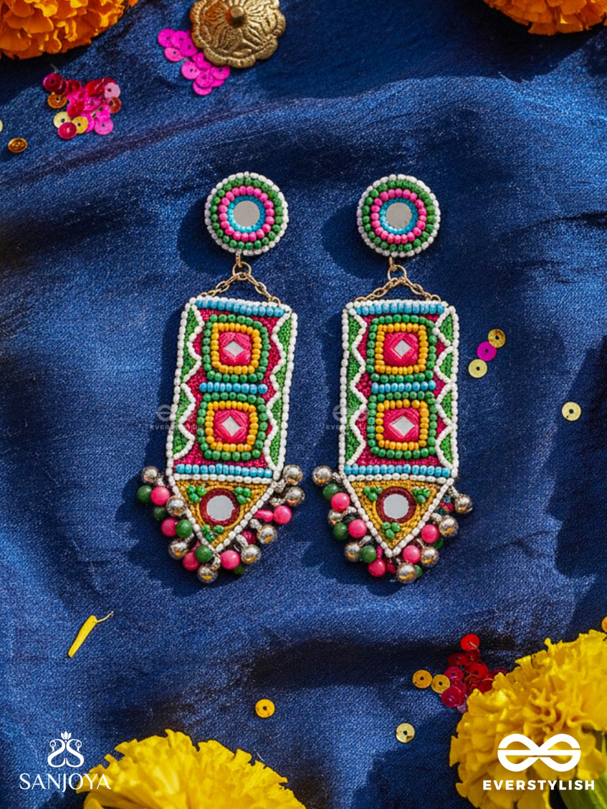 Shalya - The Adorned Arrow - Mirrors, Beads And Resham Hand Embroidered Earrings