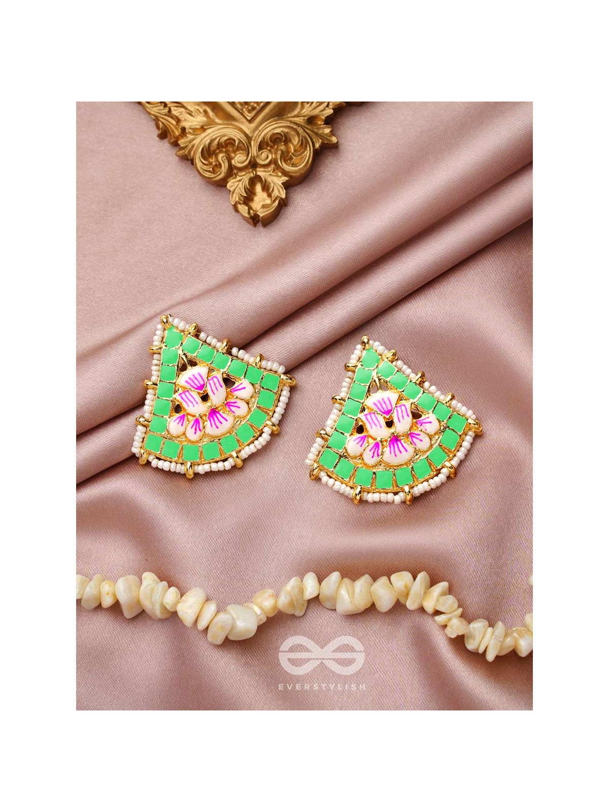 The Lotus Temple- Enamelled Statement Stud Earrings(Lime Green)