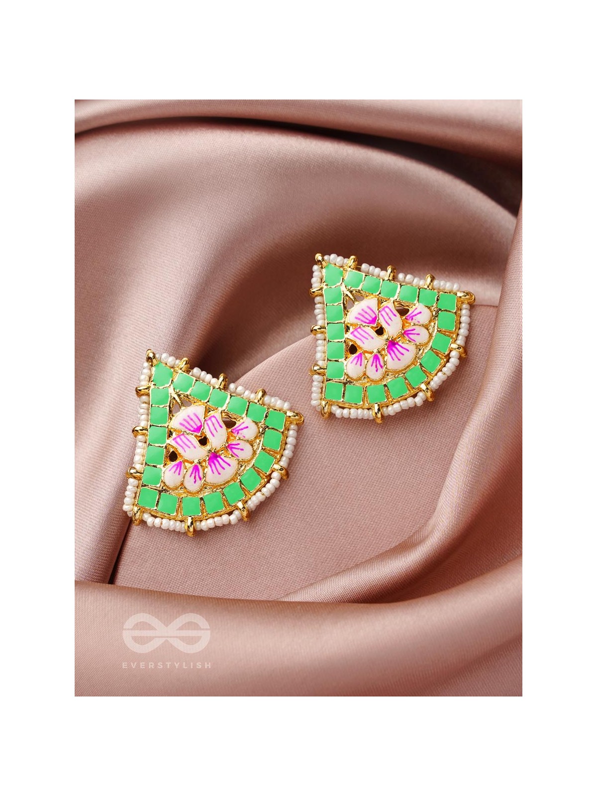 The Lotus Temple- Enamelled Statement Stud Earrings(Lime Green)