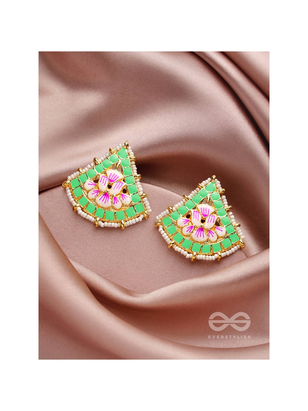 The Lotus Temple- Enamelled Statement Stud Earrings(Lime Green)