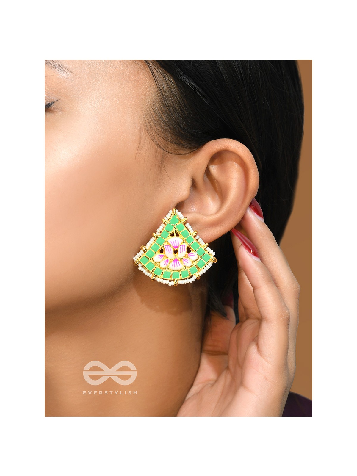 The Lotus Temple- Enamelled Statement Stud Earrings(Lime Green)